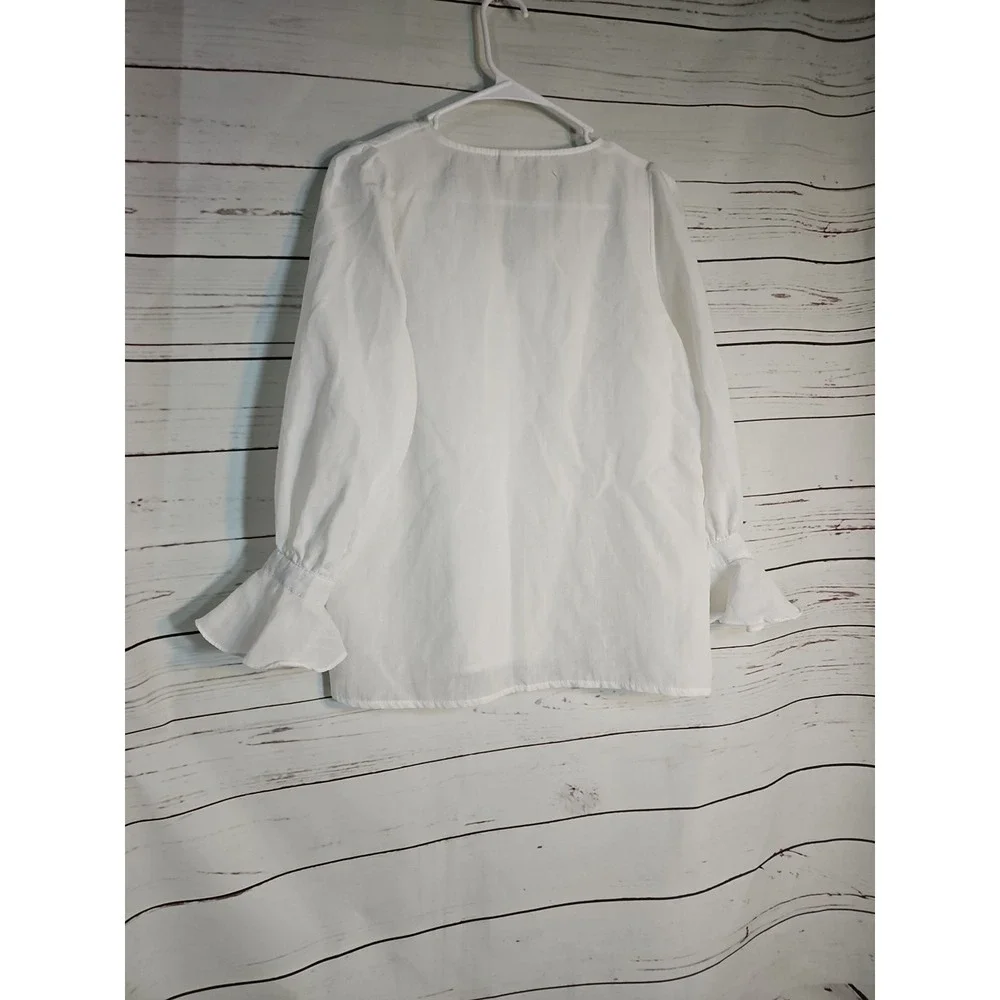 T.W2 White V-Neck Button Down Blouse Long‎ Sleeve Ruffle Cuff Top Womens M